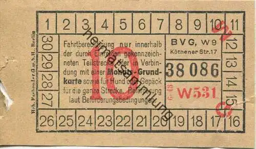 BVG Berlin Köthener Str. 17 - Fahrschein 1943 - Teilstreckenschein oder in Verbindung mit einer Monats-Grundkarte sowie