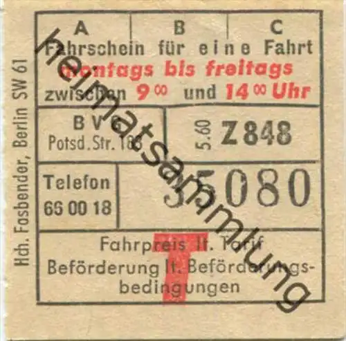 BVG - Berlin Potsdamer Str. 188 - Fahrschein 1960 für eine Fahrt montags bis freitags zwischen 9 und 14 Uhr