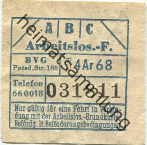 BVG - Berlin Potsdamer Str. 188 - Arbeitslosen-Fahrschein 1958