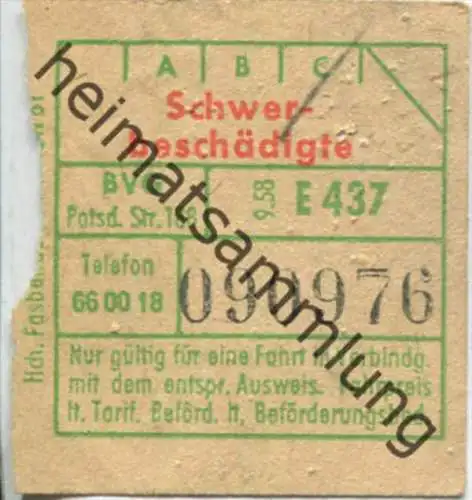 Deutschland - Berlin - BVG - Berlin Potsdamer Str. 188 - Fahrschein 1958 - Schwerbeschädigte