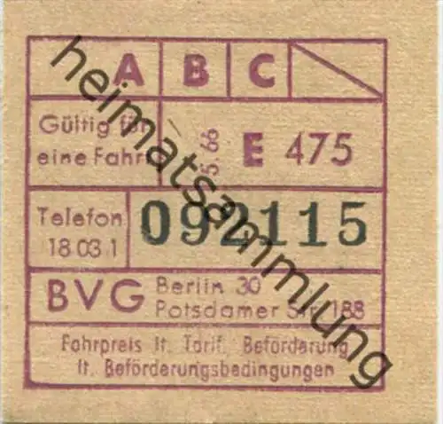 BVG - Berlin Potsdamer Str. 188 - Fahrschein 1966