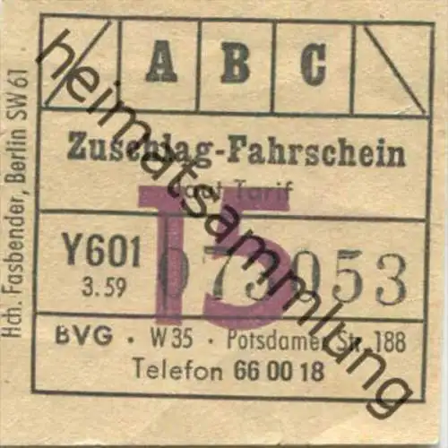 BVG - Berlin Potsdamer Str. 188 - Zuschlag-Fahrschein 1959