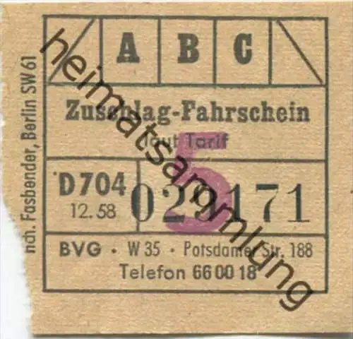 BVG - Berlin Potsdamer Str. 188 - Zuschlag-Fahrschein 1958