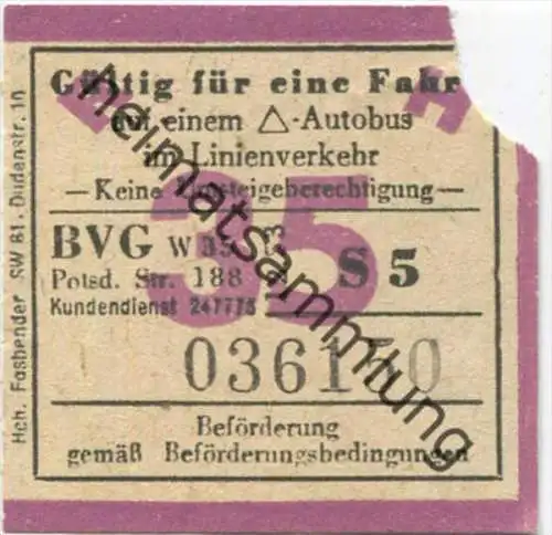 BVG - Berlin Potsdamer Str. 188 - Fahrschein 1953 - gültig für eine Fahrt auf einem Dreieck-Autobus