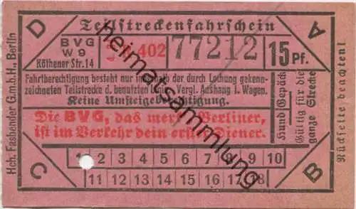 Berlin - BVG - Teilstreckenfahrschein 15Pf. 1934