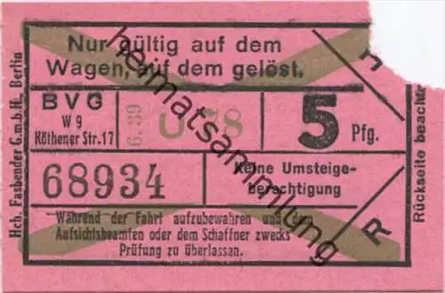 Berlin -BVG - Fahrschein 5Pfg. 1939