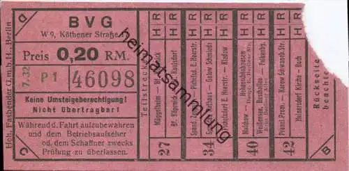 Berlin - BVG - Fahrschein 0,20RM 1932 - Teilstrecken
