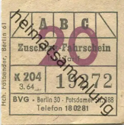 Berlin - BVG - Zuschlag-Fahrschein 1964