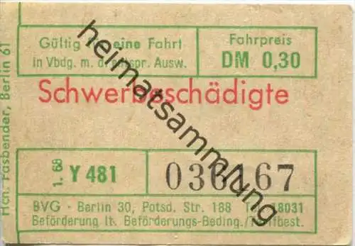 Berlin - BVG - Fahrschein 1968 - Schwerbeschädigte - DM 0,30