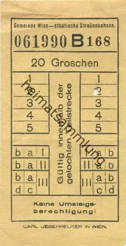 Gemeinde Wien - städtische Strassenbahnen - Fahrschein 20 Groschen