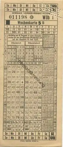 Wiener Verkehrsbetriebe - Wochenkarte 5 S - gültig auf der Strassenbahn und Omnibuslinie 22 - Lochung ungiltig - Rücksei