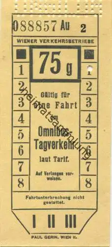 Wiener Verkehrsbetriebe - Fahrschein 75g - Gültig für eine Fahrt im Omnibus-Tagverkehr - Lochung ungiltig