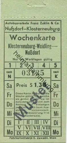 Nussdorf-Klosterneuburg - Autobusverkehr Frank Zuklin & Co. - Wochenkarte - Fahrkarte S 1,30 - Überdruck Muster
