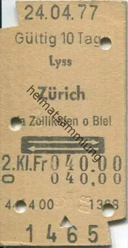 Lyss - Zürich via Zollikofen oder Biel und zurück - 2. Klasse - Fahrkarte 1977