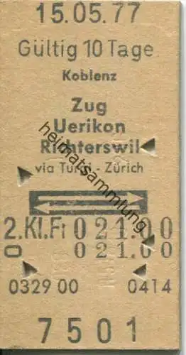 Koblenz - Zug oder Uerikon oder Richterswil - via Turgi - Zürich und zurück - 2. Klasse - Fahrkarte 1977