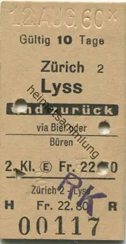 Zürich - Lyss und zurück - via Biel oder Büren - 2. Klasse - Fahrkarte 1960