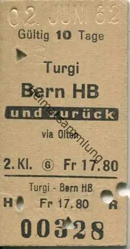 Schweiz - Turgi - Bern HB und zurück via Olten - 2. Klasse - Fahrkarte 1962