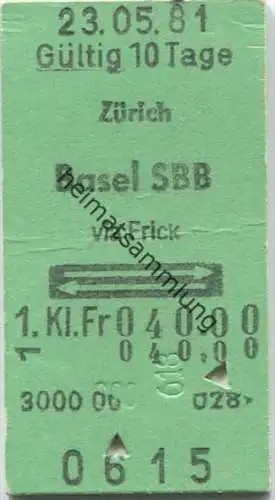 Zürich - Basel und zurück - 1. Klasse Fr. 40.00 - Fahrkarte 1981