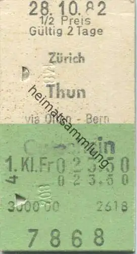 Zürich - Thun - 1. Klasse 1/2 Preis Fr. 23.50 - Fahrkarte 1982 - Aufdruck Gutschein