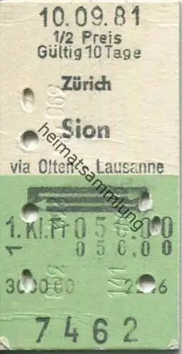 Zürich Sion und zurück - 1. Klasse 1/2 Preis Fr. 50.00 - Fahrkarte 1981