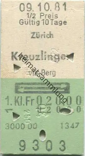 Zürich - Kreuzlingen und zurück - 1. Klasse 1/2 Preis Fr. 20.00 - Fahrkarte 1981