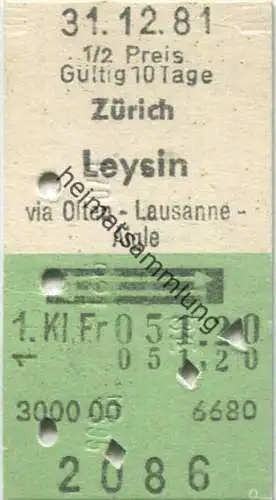 Zürich Leysin und zurück - 1. Klasse 1/2 Preis Fr. 51.20 - Fahrkarte 1981