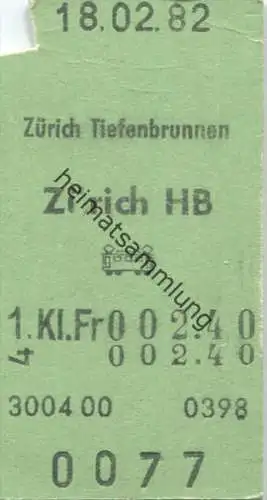 Zürich Tiefenbrunnen - Zürich HB - 1. Klasse Fr. 2.40 - Fahrkarte 1982