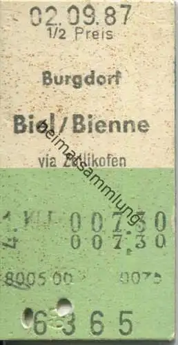 Burgdorf - Biel/Bienne - 1. Klasse 1/2 Preis Fr. 7.30 - Fahrkarte 1987