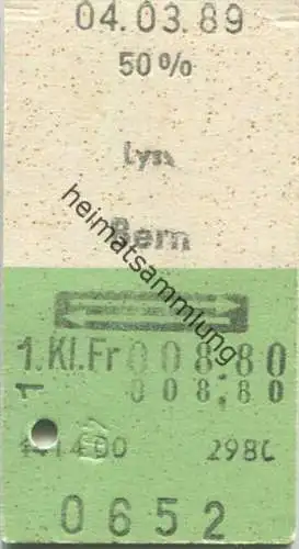 Schweiz - Lyss - Bern und zurück - 1. Klasse 1/2 Preis Fr. 8.80 - Fahrkarte 1989 - rückseitig handschriftlicher Vermerk