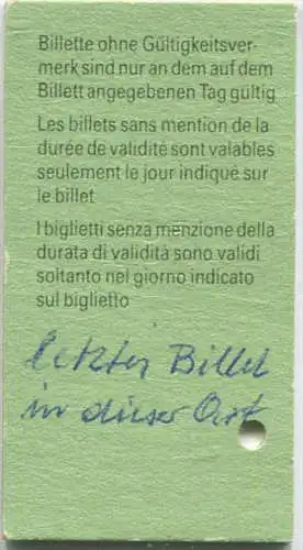 Schweiz - Lyss - Bern und zurück - 1. Klasse 1/2 Preis Fr. 8.80 - Fahrkarte 1989 - rückseitig handschriftlicher Vermerk