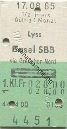 Lyss - Basel und zurück - 1. Klasse 1/2 Preis Fr. 28.00 - Fahrkarte 1985