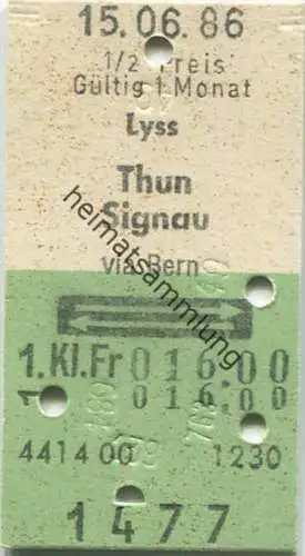 Lyss - Thun Signau und zurück - 1. Klasse 1/2 Preis Fr. 16.00 - Fahrkarte 1986