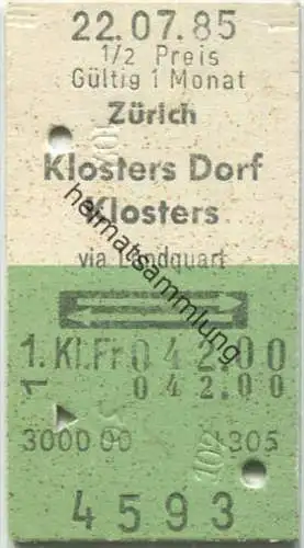 Zürich - Klosters Dorf Klosters und zurück - 1. Klasse 1/2 Preis Fr 42.00 - Fahrkarte 1985