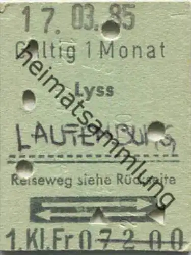 Lyss - Laufenburg und zurück - 1. Klasse 1/2 Preis - Fahrkarte 1985