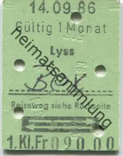 Lyss - Bex und zurück - 1. Klasse 1/2 Preis - Fahrkarte 1986