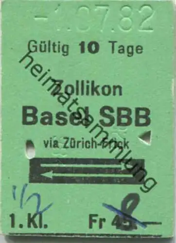 Zollikon - Basel SBB und zurück - 1. Klasse 1/2 Preis - Fahrkarte 1982