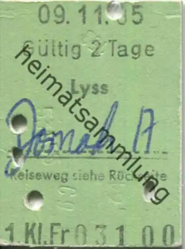 Lyss - Dornach - 1. Klasse 1/2 Preis - Fahrkarte 1985