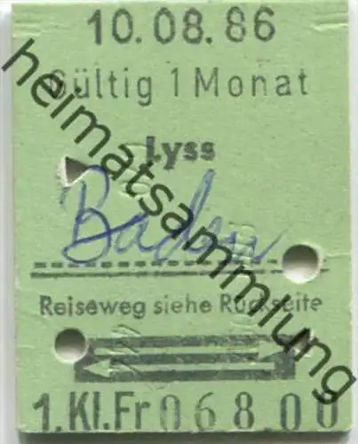 Lyss - Baden und zurück - 1. Klasse 1/2 Preis - Fahrkarte 1986