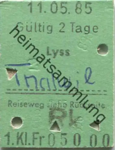 Lyss - Thalwil - 1. Klasse 1/2 Preis - Fahrkarte 1985