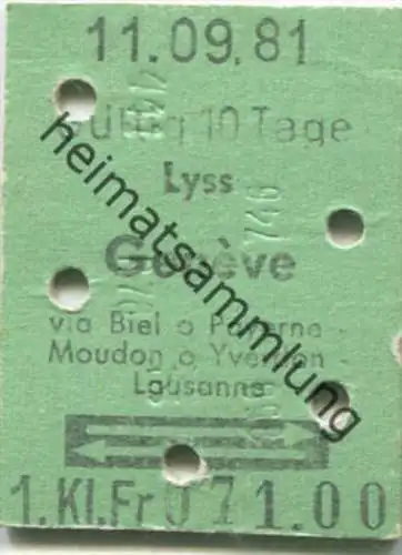 Lyss - Geneve und zurück - 1. Klasse 1/2 Preis - Fahrkarte 1981