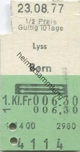 Schweiz - Lyss - Bern und zurück - 1. Klasse Fr. 6.30 - Fahrkarte 1977