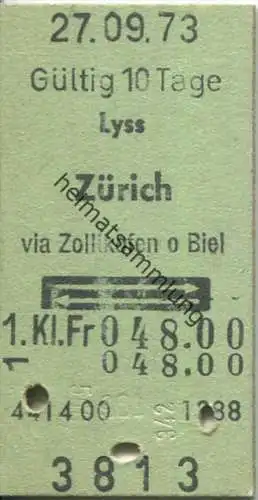 Lyss - Zürich und zurück - 1. Klasse Fr. 48.00 - Fahrkarte 1973