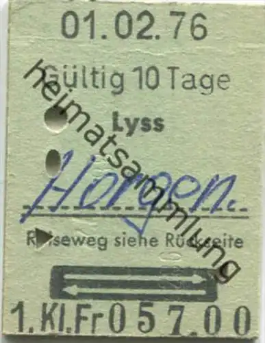 Lyss - Horgen und zurück - 1. Klasse 1/2 Preis - Fahrkarte 1976