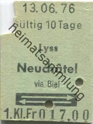 Lyss - Neuchatel und zurück - 1. Klasse 1/2 Preis - Fahrkarte 1976