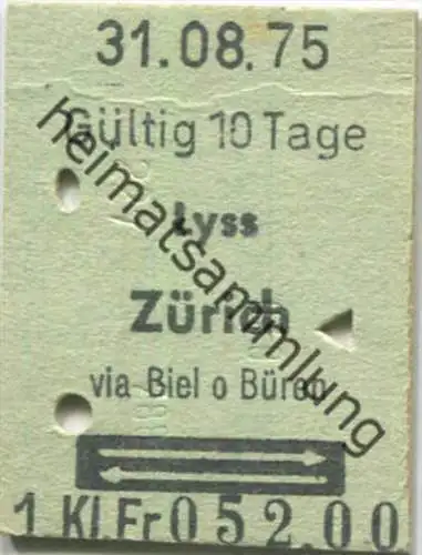 Lyss - Zürich und zurück - 1. Klasse 1/2 Preis - Fahrkarte 1975