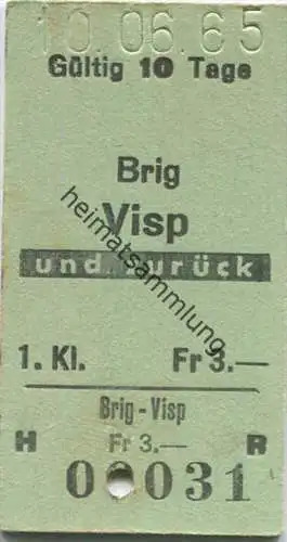 Brig - Visp und zurück - 1. Klasse Fr 3.- - Fahrkarte 1965