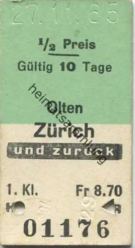 Olten - Zürich und zurück - 1. Klasse 1/2 Preis Fr 8.70 - Fahrkarte 1965