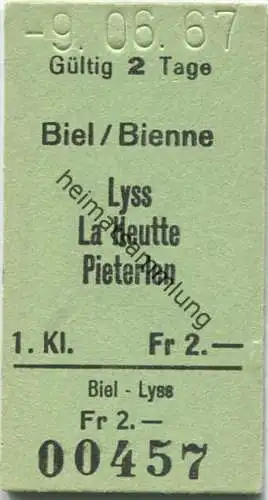 Biel/Bienne - Lyss La Heutte Pieterlen - 1. Klasse Fr 2.- - Fahrkarte 1967