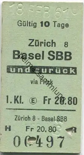 Zürich - Basel und zurück - 1. Klasse Fr 20.80 - Fahrkarte 1961