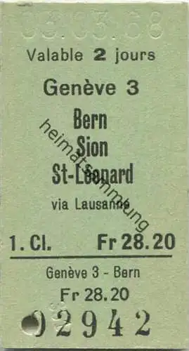 Schweiz - Geneve 3 - Bern - Sion - St-Leonard - 1. Klasse Fr 28.20 - Fahrkarte 1968